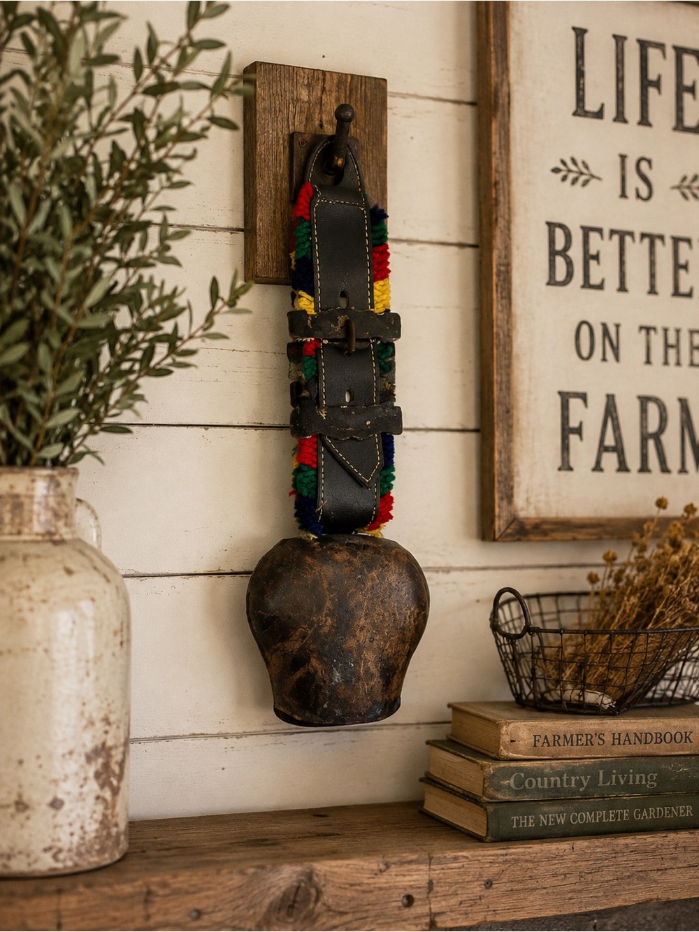 RARE Vintage Swiss cowbell.  Leather collar with fun accents!